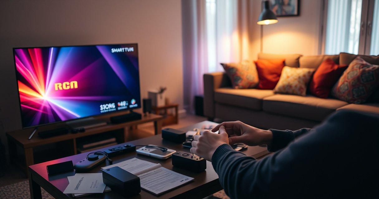 A cozy living room featuring a sleek RCA Smart TV glowing in the dim light, a coffee table cluttered with gadgets and manuals, a pair of hands reaching for the TV buttons, an inviting sofa in the background adorned with colorful cushions, a warm ambiance suggesting a troubleshooting session in progress.