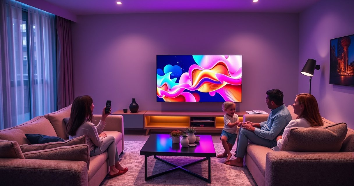 A sleek modern living room featuring a glowing Samsung Smart TV displaying vibrant colorful graphics. Soft ambient lighting highlights plush sofas and a stylish coffee table. A family joyfully interacting with the TV, using a remote and voice commands. The atmosphere is warm and inviting, with subtle tech elements blended into the cozy decor.