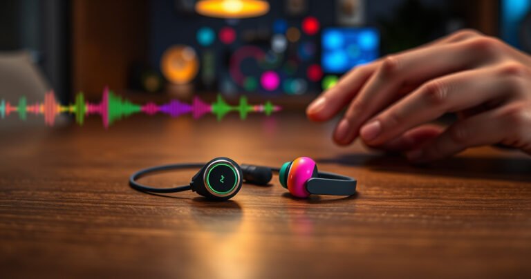 A close-up of vibrant Skullcandy Bluetooth earbuds resting on a sleek, modern wooden table, surrounded by colorful sound waves and glowing digital icons. Soft ambient lighting creates an inviting atmosphere, highlighting the stylish design of the earbuds while a pair of hands demonstrates pressing the power button, symbolizing connection and technology.