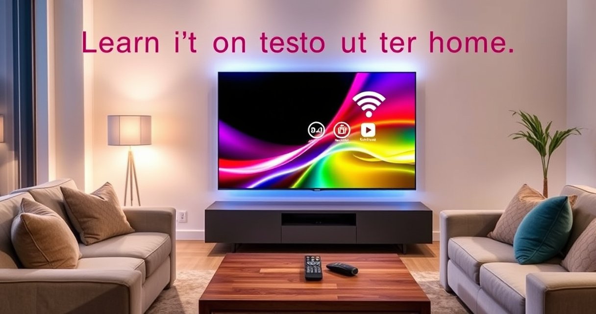 A sleek LG Smart TV prominently displayed in a modern living room, glowing with vibrant colors on the screen, depicting WiFi symbols and connectivity icons. Surrounding it are cozy furnishings, a coffee table with a remote, and soft ambient lighting, creating a welcoming atmosphere that invites viewers to learn about technology in a home setting.