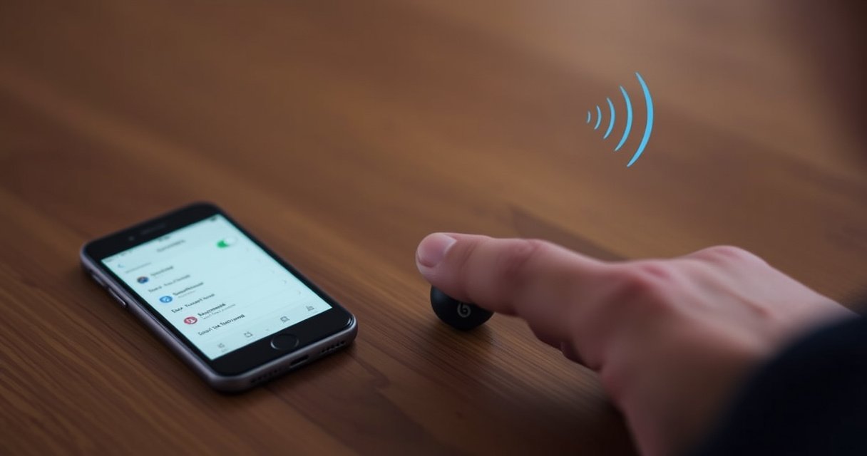 A sleek pair of Wireless Beats Earbuds resting on a minimalist wooden table, surrounded by a glowing smartphone displaying Bluetooth settings. Soft ambient light highlights the earbuds' elegant design, while subtle sound waves ripple in the air, symbolizing connectivity. A close-up of a finger poised to tap "Connect" adds a sense of action and anticipation.