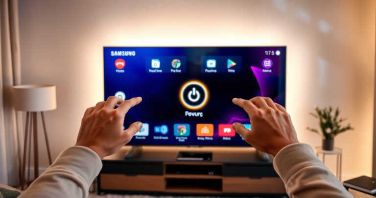 A sleek Samsung Smart TV in a modern living room, illuminated by soft ambient lighting. The screen displays vibrant icons and a glowing power symbol. A pair of hands reaches towards the TV, poised to press the hidden power button. Surrounding the TV are stylish decor elements, creating a warm, inviting atmosphere.