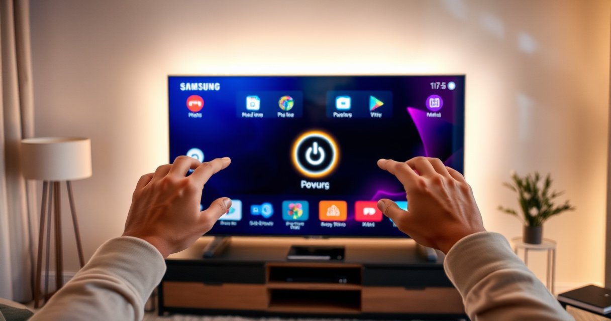 A sleek Samsung Smart TV in a modern living room, illuminated by soft ambient lighting. The screen displays vibrant icons and a glowing power symbol. A pair of hands reaches towards the TV, poised to press the hidden power button. Surrounding the TV are stylish decor elements, creating a warm, inviting atmosphere.