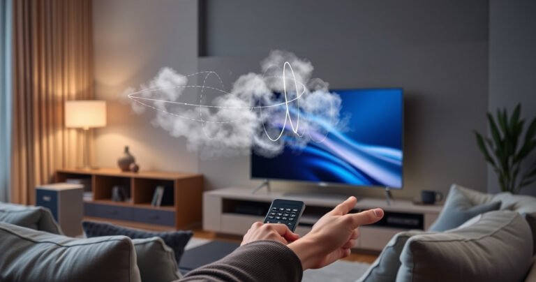 A sleek Samsung Smart TV in a modern living room, with a remote control resting beside it. An ethereal cloud of sound waves dissipating into the air, symbolizing voice control fading away. Soft ambient lighting illuminates cozy furniture, while a user confidently presses a button on the remote, showcasing a seamless digital experience.