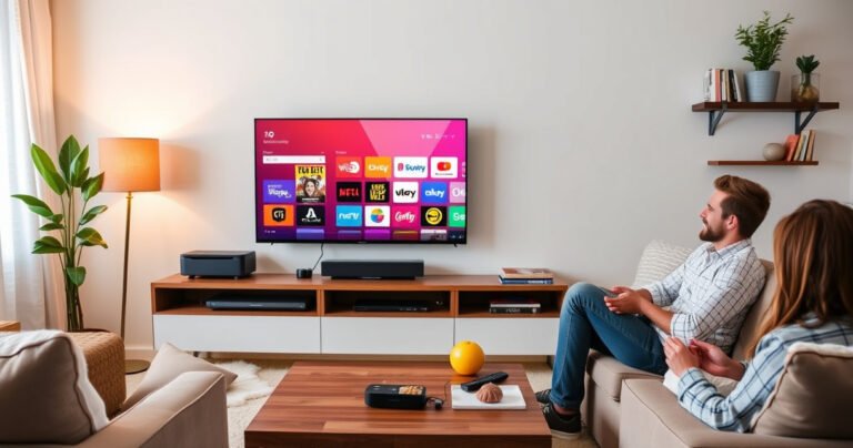 A cozy living room with a sleek, modern TV displaying colorful app icons, surrounded by comfy furniture, warm lighting, and a person happily connecting a streaming device. A coffee table with snacks and remote controls adds a casual vibe, while a wall shelf holds books and plants, creating an inviting atmosphere for tech-savvy viewers.