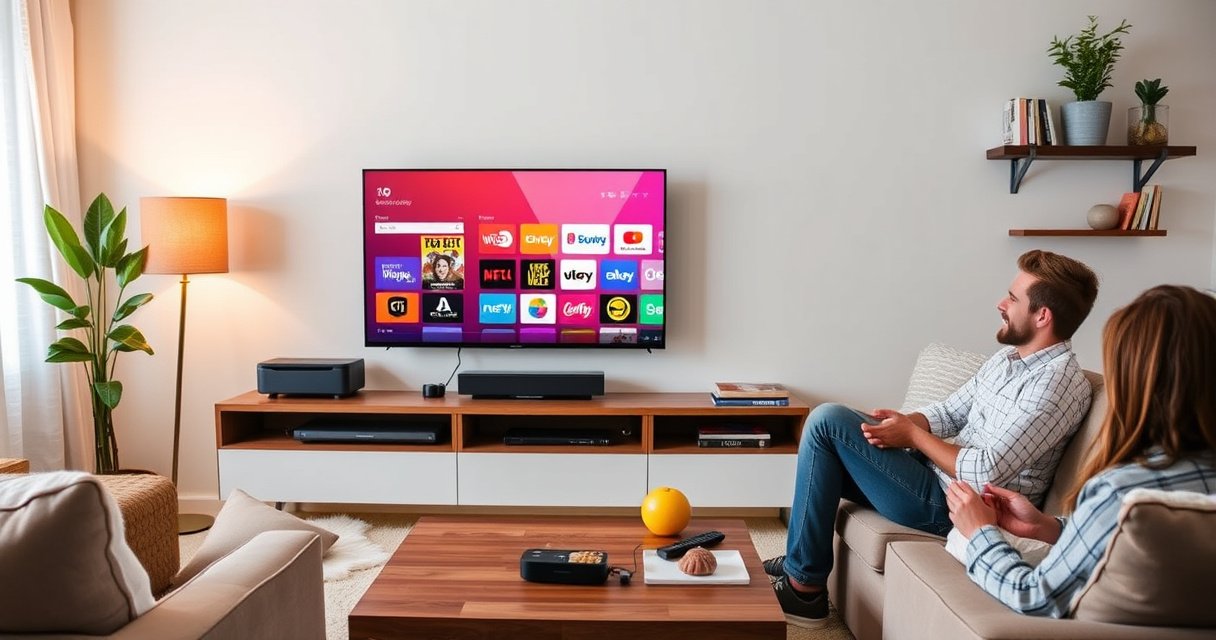 A cozy living room with a sleek, modern TV displaying colorful app icons, surrounded by comfy furniture, warm lighting, and a person happily connecting a streaming device. A coffee table with snacks and remote controls adds a casual vibe, while a wall shelf holds books and plants, creating an inviting atmosphere for tech-savvy viewers.