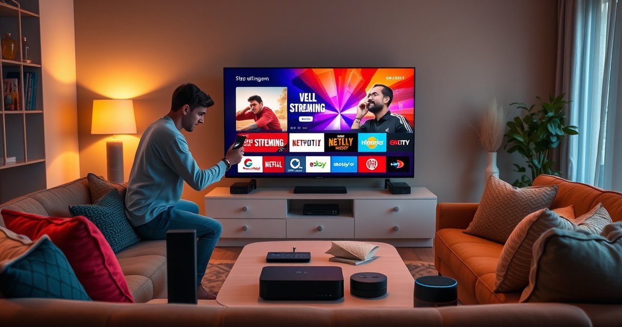 A cozy living room with a modern TV displaying vibrant streaming app icons, surrounded by colorful cushions and a stylish coffee table. A tech-savvy person is connecting devices, while gadgets like a smart speaker and a streaming device are artfully arranged. Warm lighting creates an inviting atmosphere, emphasizing innovation and comfort in home entertainment.