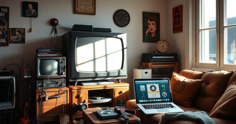 A vintage living room featuring an old television set transformed into a sleek smart TV, surrounded by colorful tech gadgets and cables. Bright sunlight filters through a window, casting warm light on a cozy couch with a stack of DIY tools and a laptop displaying a tutorial, evoking a sense of creativity and innovation.
