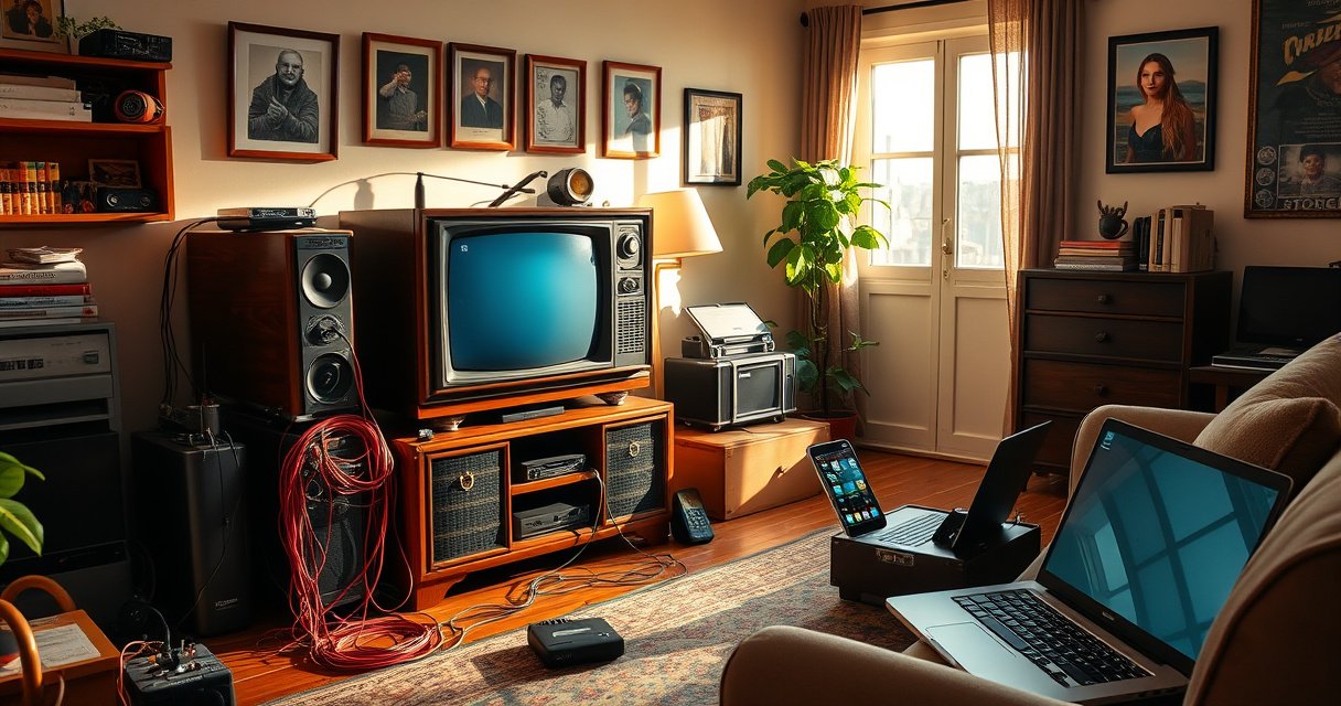 A vintage living room with a retro wooden TV, surrounded by colorful gadgets and streaming devices. Bright cables intertwine with classic decor, while a glowing smartphone shows a streaming app. Warm sunlight filters through the window, casting inviting shadows. An open toolbox with tools and a laptop nearby hints at the DIY transformation process.
