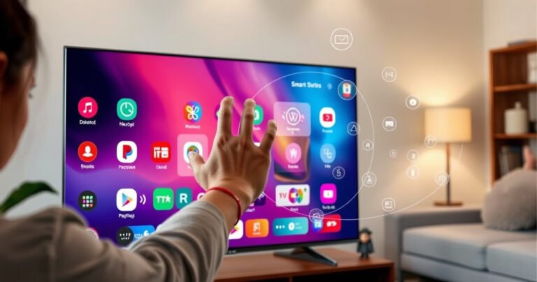 A sleek Samsung Smart TV displaying a vibrant, user-friendly interface with colorful app icons, a hand hovering over a particular app, animated removal graphics swirling around it, a cozy living room setting with soft lighting, and a tech-savvy vibe, emphasizing ease of use and modern technology in a family-friendly environment.