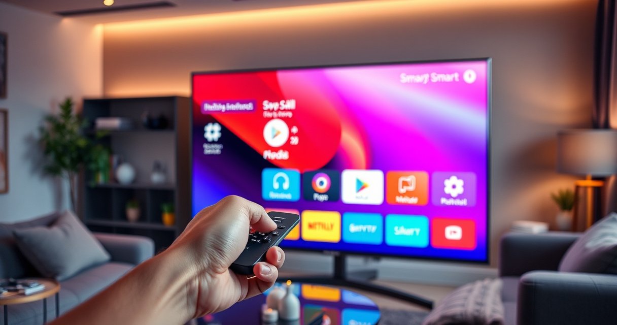 A sleek Samsung Smart TV displayed prominently in a modern living room, with a vibrant, colorful app interface glowing on the screen. A hand reaches towards the TV remote, poised to select an app for uninstallation, surrounded by cozy furnishings, soft lighting, and a sense of digital convenience in a tech-savvy home environment.