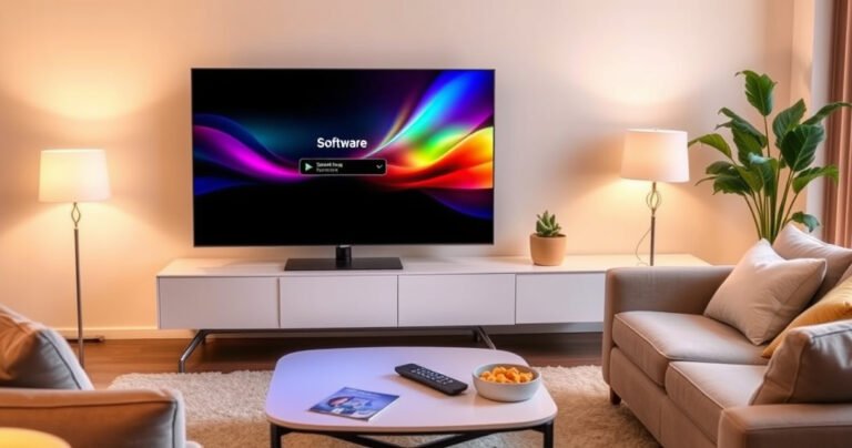 A modern living room featuring a sleek Samsung Smart TV displaying a colorful software update screen, surrounded by cozy furniture, a stylish coffee table with a remote and snacks, and warm ambient lighting, evoking a sense of comfort and technology integration, inviting viewers to explore the simplicity of updating their devices.