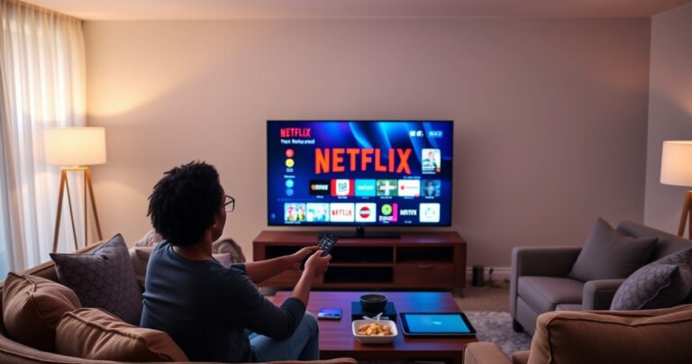 A sleek living room with a modern Samsung Smart TV displaying the Netflix logo, surrounded by cozy furniture and soft lighting. A user, a diverse individual, eagerly interacts with the remote, a colorful array of streaming icons glowing on the screen. A coffee table holds snacks and a tablet, creating a warm, inviting atmosphere for movie night.