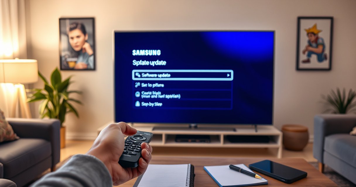 A sleek Samsung Smart TV glowing in a modern living room, with a vibrant interface displaying software update options. A user’s hand reaches towards the remote, ready to select, while the room is softly illuminated by ambient light, showcasing cozy decor. A notepad and pen nearby suggest a step-by-step process being prepared.