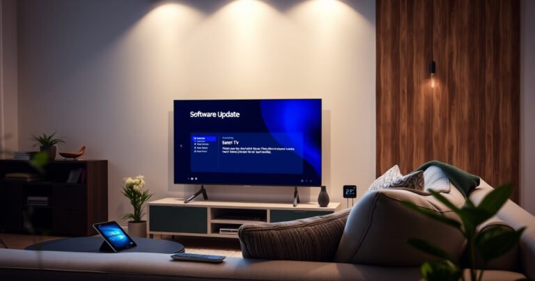 A modern living room featuring a sleek Samsung Smart TV displaying a vibrant software update screen. Soft ambient lighting highlights a cozy sofa with a tablet and remote nearby. A potted plant adds a touch of greenery, while a digital clock subtly shows the time, emphasizing the blend of technology and comfort in home entertainment.