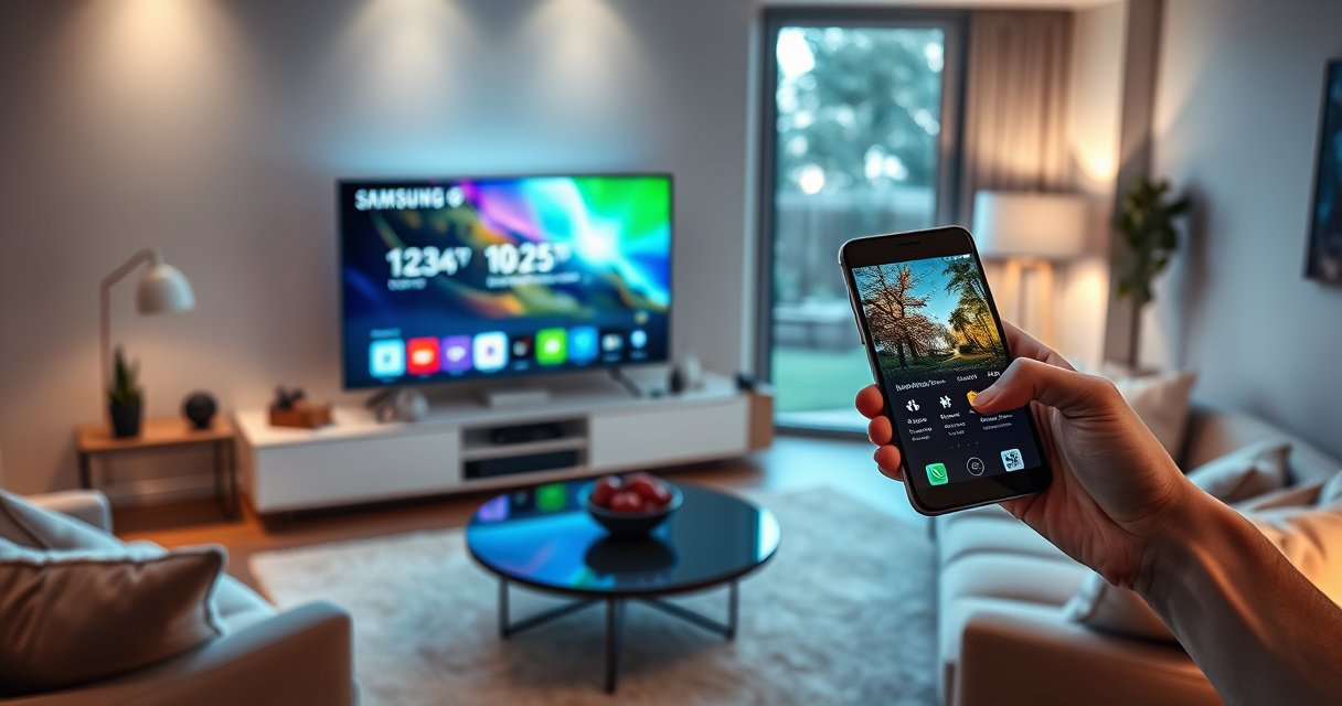 A sleek modern living room featuring a vibrant Samsung Smart TV displaying a colorful update screen, with a hand holding a smartphone showing the Samsung app. Soft ambient lighting highlights the contemporary decor, including plush furniture and a stylish coffee table. A cozy atmosphere with a window revealing a serene garden outside, inviting a sense of tech-savvy comfort.