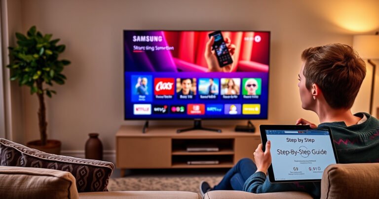 A sleek Samsung Smart TV displayed in a modern living room, vibrant streaming icons glowing on the screen, a user holding a remote with a look of concentration, surrounded by cozy furnishings and soft lighting, while a step-by-step guide on a tablet rests nearby, creating an inviting tech-savvy atmosphere.
