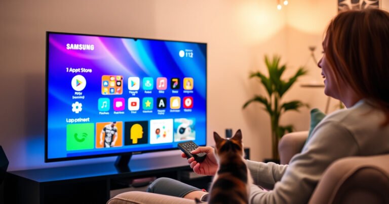 A sleek Samsung Smart TV displaying a vibrant, colorful app store interface, surrounded by a cozy living room with soft lighting. A person is enthusiastically navigating the screen with a remote, while a curious cat watches nearby. Modern decor enhances the inviting atmosphere, emphasizing technology and comfort in home entertainment.