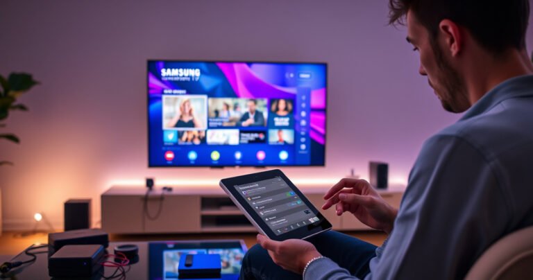 A sleek Samsung Smart TV displaying vibrant streaming content in a modern living room, surrounded by tech gadgets and colorful cables. A person is focused on a tablet, following a step-by-step guide, while a soft glow of LED lights enhances the ambiance, reflecting a blend of technology and comfort in a stylish home setting.