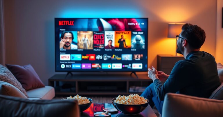 A sleek Samsung Smart TV displaying a vibrant Netflix interface, with colorful movie posters illuminated on the screen. Cozy living room setting with plush cushions, a bowl of popcorn on a stylish coffee table, and soft ambient lighting creating a warm atmosphere. A person leisurely browsing the content, excitement in their expression.