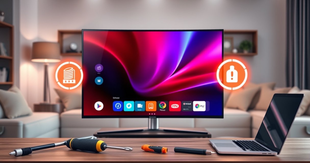 A sleek Samsung Smart TV displaying a vibrant interface, surrounded by tools like a screwdriver and laptop, with glowing upgrade icons hovering around it. The background features a cozy living room with soft lighting and a comfortable sofa, emphasizing tech-savvy home upgrades. An inviting atmosphere that merges modern technology with everyday life.