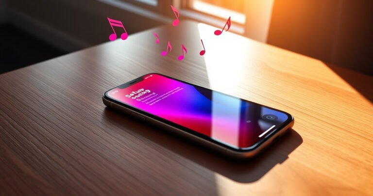 A sleek iPhone resting on a wooden table, paired with stylish wireless earbuds. The screen displays a vibrant setup guide, surrounded by vibrant music notes floating in the air. Soft morning light filters through a nearby window, casting gentle shadows, capturing a modern tech lifestyle. The scene evokes simplicity, elegance, and ease of use.