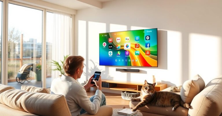 A bright, modern living room featuring a sleek Hisense Smart TV on the wall, surrounded by cozy furniture. A user is interacting with the TV using a smartphone, vibrant app icons visible on the screen. Sunlight streams through large windows, casting warm shadows, while a playful cat lounges nearby, adding a touch of whimsy to the scene.