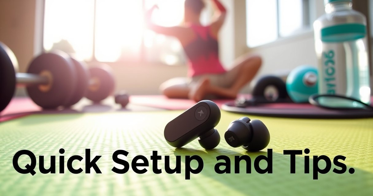 A sleek pair of Raycon fitness earbuds resting on a vibrant gym mat, surrounded by weights and a water bottle. Sunlight streams through a nearby window, illuminating the earbuds' glossy finish. In the background, a blurred silhouette of a person stretching, showcasing an energetic, health-focused atmosphere. Bold text overlay reads "Quick Setup and Tips.