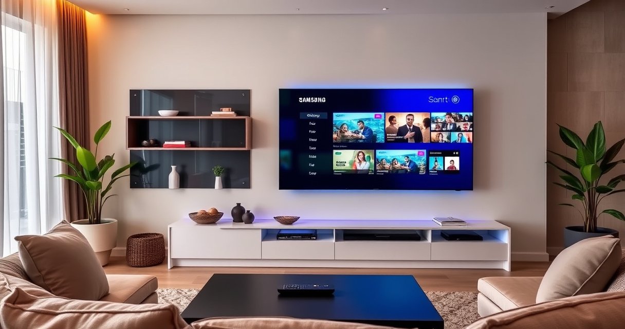 A sleek modern living room featuring a large Samsung Smart TV on a stylish wall unit, a wireless remote control resting on a coffee table, vibrant streaming content displayed on the screen, cozy seating with plush cushions, warm ambient lighting, and decorative plants, creating an inviting atmosphere for family entertainment and tech-savvy simplicity.