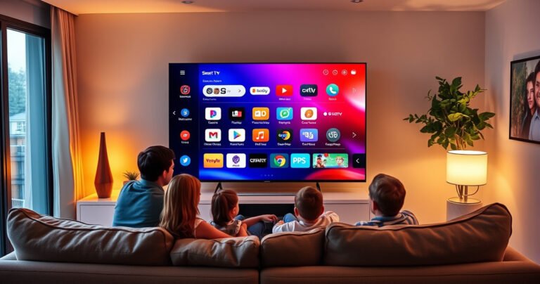 A sleek Samsung Smart TV displayed in a modern living room, vibrant colors glowing from the screen, showcasing a user-friendly interface. A family gathers on a plush sofa, engaged in exploring apps and features, while a cozy atmosphere with warm lighting and a stylish decor enhances the inviting tech-savvy environment.