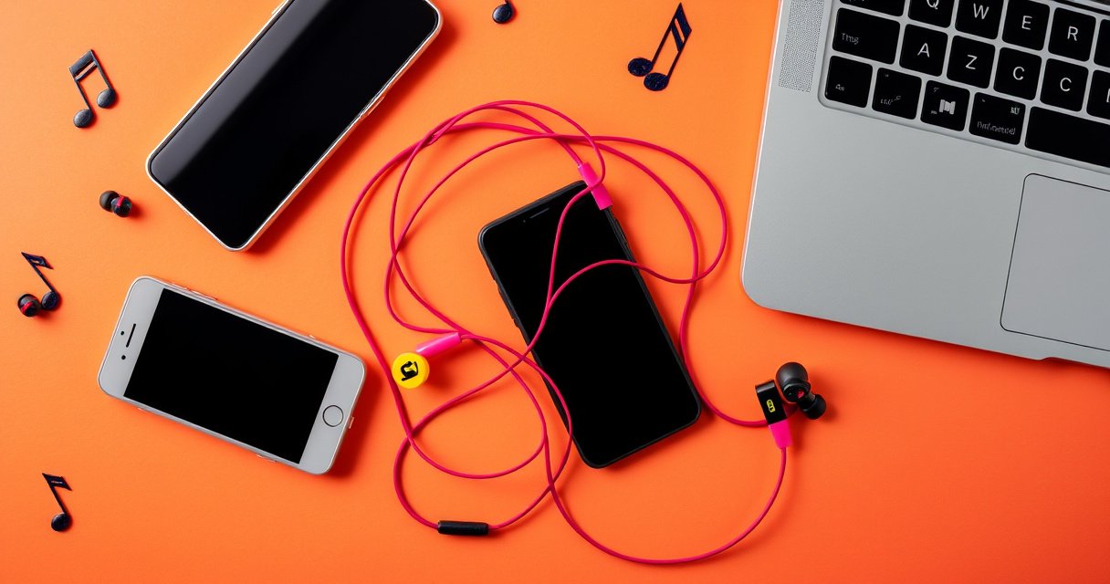 A vibrant flat lay featuring a pair of colorful Skullcandy earbuds intertwined with modern tech gadgets, such as a smartphone and a laptop, set against a sleek, minimalistic desk. The background showcases a pop of color with scattered music notes and sound waves, conveying an energetic and dynamic atmosphere of music and technology.