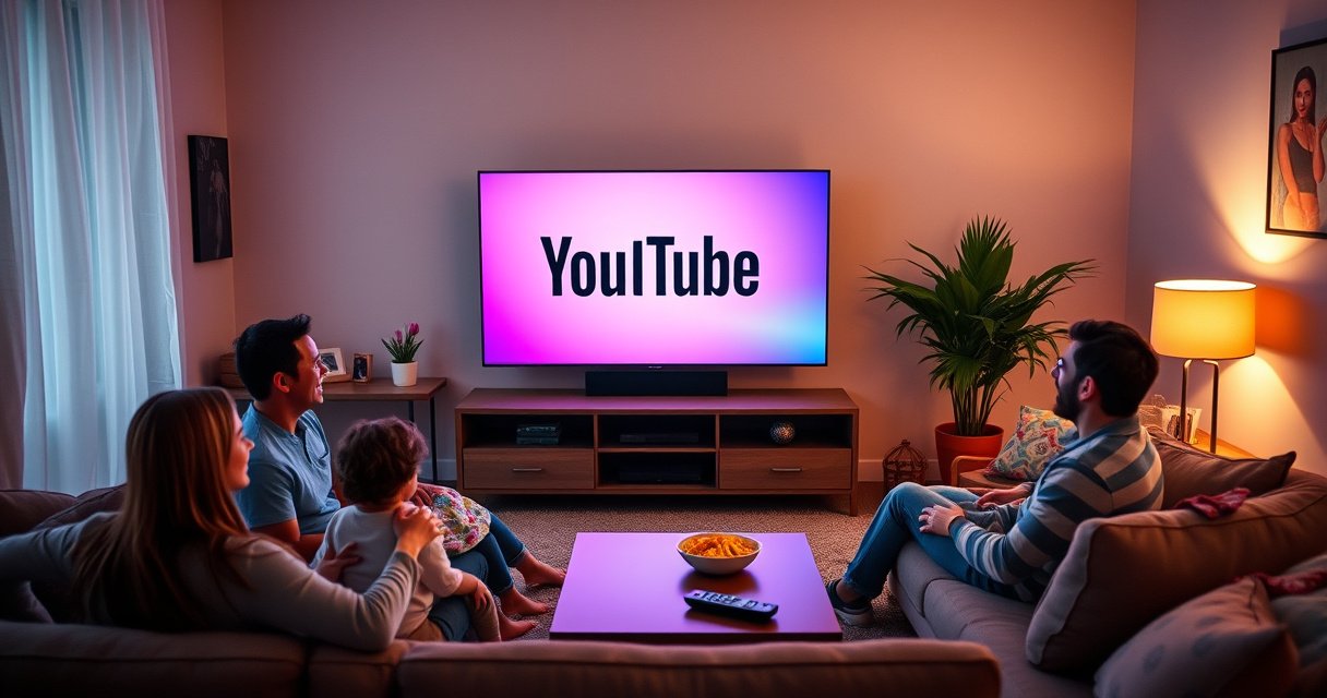 A cozy living room with a modern smart TV displaying the YouTube logo on a vibrant screen, a family gathered on a plush sofa, laughter in the air, colorful cushions strewn about, warm ambient lighting, a coffee table with snacks and a remote control, a sense of excitement and togetherness as they explore digital entertainment.
