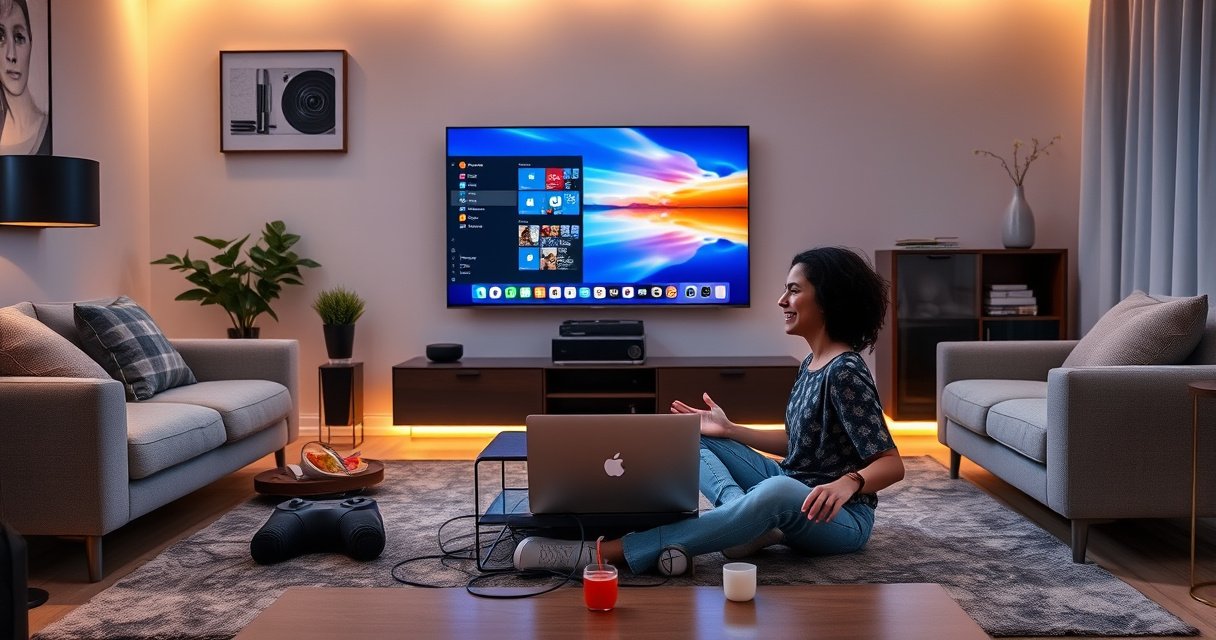 A modern living room featuring a sleek smart TV displaying a vibrant desktop interface, surrounded by a cozy sofa, stylish decor, and warm ambient lighting. A user sits cross-legged on the floor with a laptop open, cables neatly organized, as they joyfully explore the TV's features. A coffee table holds snacks and drinks, enhancing the inviting atmosphere.