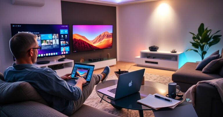 A sleek, modern living room featuring a large Smart TV displaying a vibrant desktop interface. A user sits comfortably on a stylish couch, laptop open on a coffee table, connecting wirelessly. Soft ambient lighting casts a warm glow, while tech gadgets and a notepad with a pen hint at a tech-savvy atmosphere.