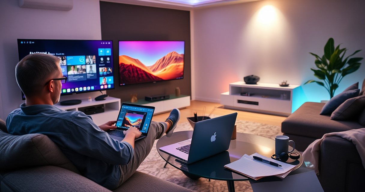 A sleek, modern living room featuring a large Smart TV displaying a vibrant desktop interface. A user sits comfortably on a stylish couch, laptop open on a coffee table, connecting wirelessly. Soft ambient lighting casts a warm glow, while tech gadgets and a notepad with a pen hint at a tech-savvy atmosphere.