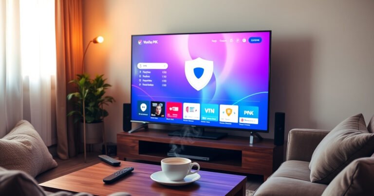 A cozy living room with a sleek smart TV displaying a vibrant VPN interface, surrounded by a plush sofa, scattered remote controls, and a steaming cup of coffee on a wooden table, warm light filtering through curtains, creating an inviting atmosphere perfect for tech-savvy viewers ready to enhance their streaming experience.