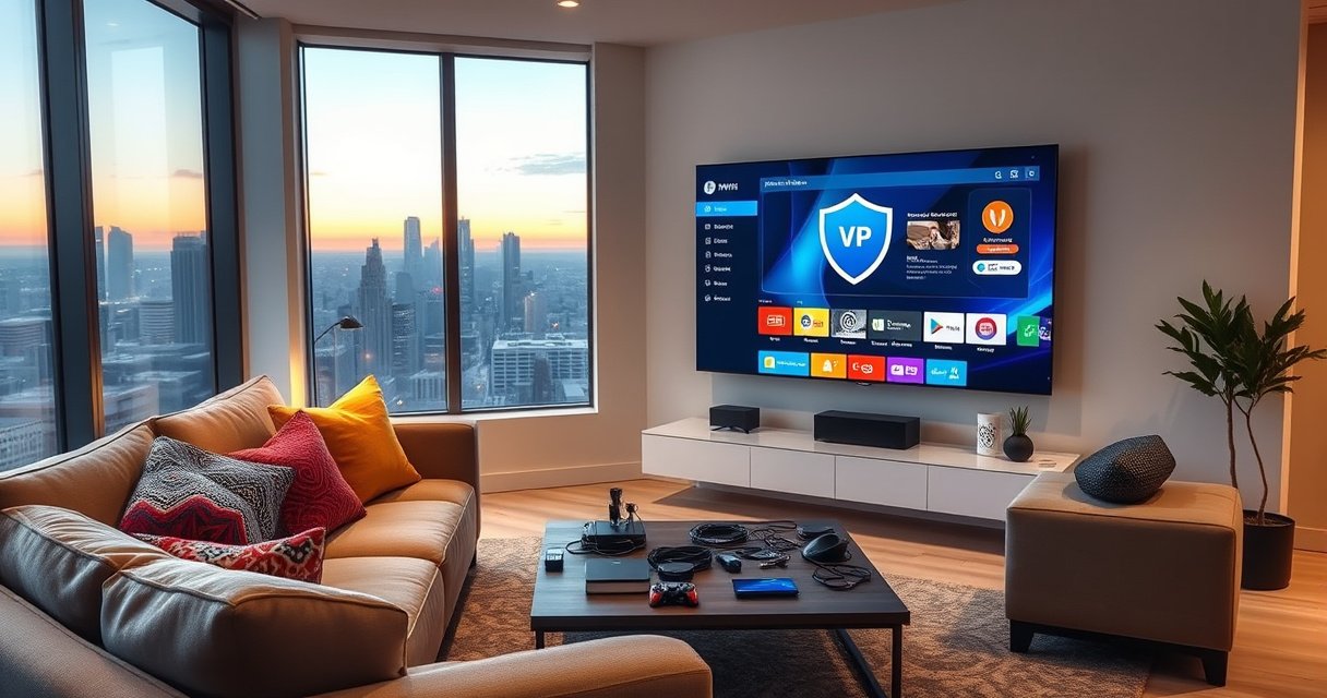 A sleek modern living room featuring a large smart TV, displaying a vibrant VPN interface. A cozy sofa adorned with colorful cushions, a coffee table cluttered with tech gadgets, and a window showing a city skyline at dusk. Soft ambient lighting creates a warm atmosphere, emphasizing the seamless integration of technology in everyday life.