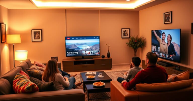 A modern living room with a sleek Smart TV displaying the YouTube interface. A family sits comfortably on a stylish couch, eagerly watching a vibrant travel vlog. Warm lighting creates a cozy atmosphere, while colorful cushions and a coffee table with snacks enhance the inviting space. The walls are adorned with framed travel memories, adding to the excitement.