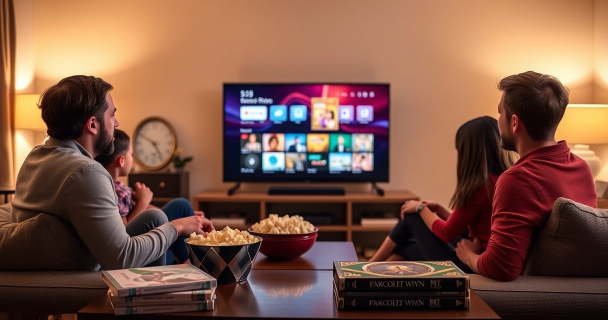 A cozy living room with a sleek smart TV displaying a colorful home screen, surrounded by family members enjoying a movie night. Warm, ambient lighting creates a welcoming atmosphere, and a small stack of DVDs and board games sit nearby, symbolizing offline entertainment. A bowl of popcorn rests on the coffee table, adding to the inviting scene.