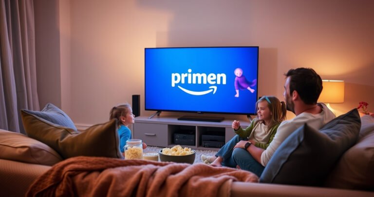 A cozy living room featuring a sleek smart TV displaying the Amazon Prime logo, surrounded by soft pillows, a warm blanket, and a bowl of popcorn. Gentle ambient lighting creates an inviting atmosphere, while a family joyfully watches a movie, their faces illuminated by the screen's glow, reflecting a perfect movie night experience.