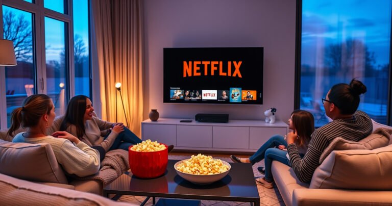 A cozy living room featuring a sleek smart TV displaying the Netflix logo, surrounded by plush cushions and a warm blanket. Soft ambient lighting creates a relaxed atmosphere, while a bowl of popcorn sits on a stylish coffee table. A family enjoys the moment together, laughter in the air, with a large window revealing a serene evening outside.