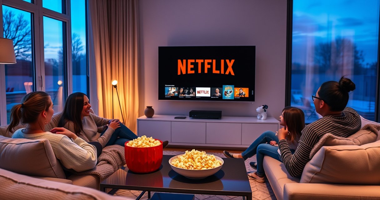 A cozy living room featuring a sleek smart TV displaying the Netflix logo, surrounded by plush cushions and a warm blanket. Soft ambient lighting creates a relaxed atmosphere, while a bowl of popcorn sits on a stylish coffee table. A family enjoys the moment together, laughter in the air, with a large window revealing a serene evening outside.