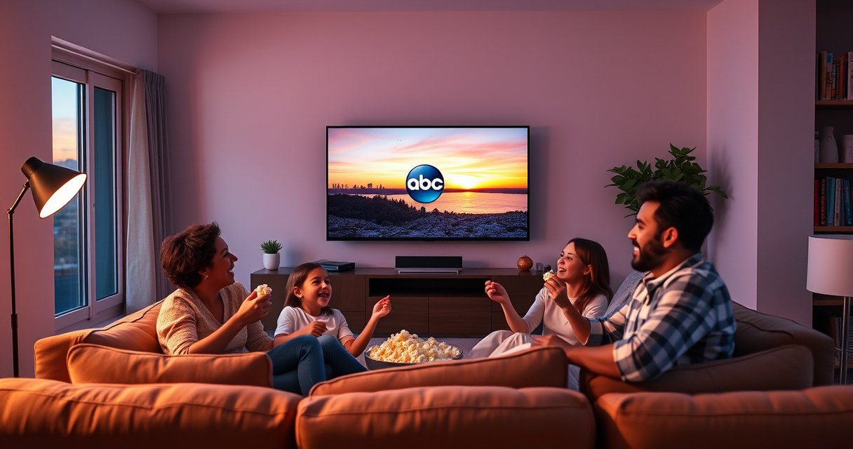 A cozy living room featuring a sleek smart TV displaying the ABC logo, with a family joyfully gathered on a comfortable couch, popcorn in hand. Soft lighting illuminates the room, and a window shows a sunset outside, creating a warm, inviting atmosphere perfect for family entertainment. Bright colors and modern decor enhance the scene.