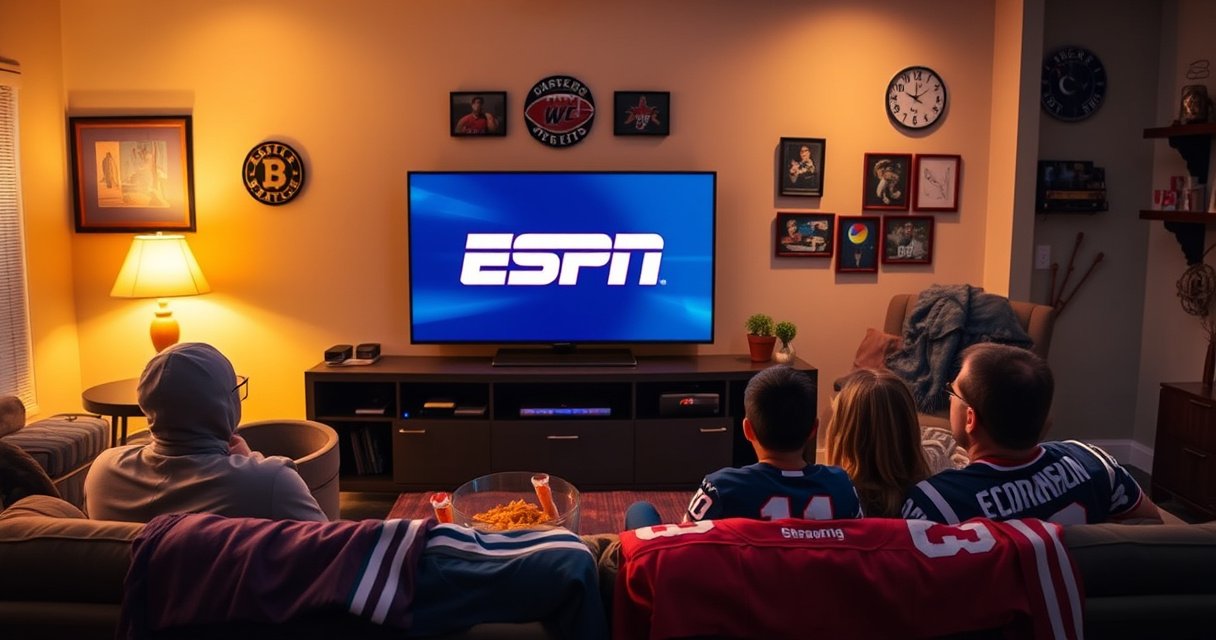 A cozy living room with a sleek Vizio Smart TV displaying the ESPN logo, a family gathered on a plush sofa with snacks, vibrant jerseys draped over the furniture, warm lighting creating an inviting atmosphere, sports memorabilia on the walls, and excitement in the air as they prepare to watch a thrilling game together.