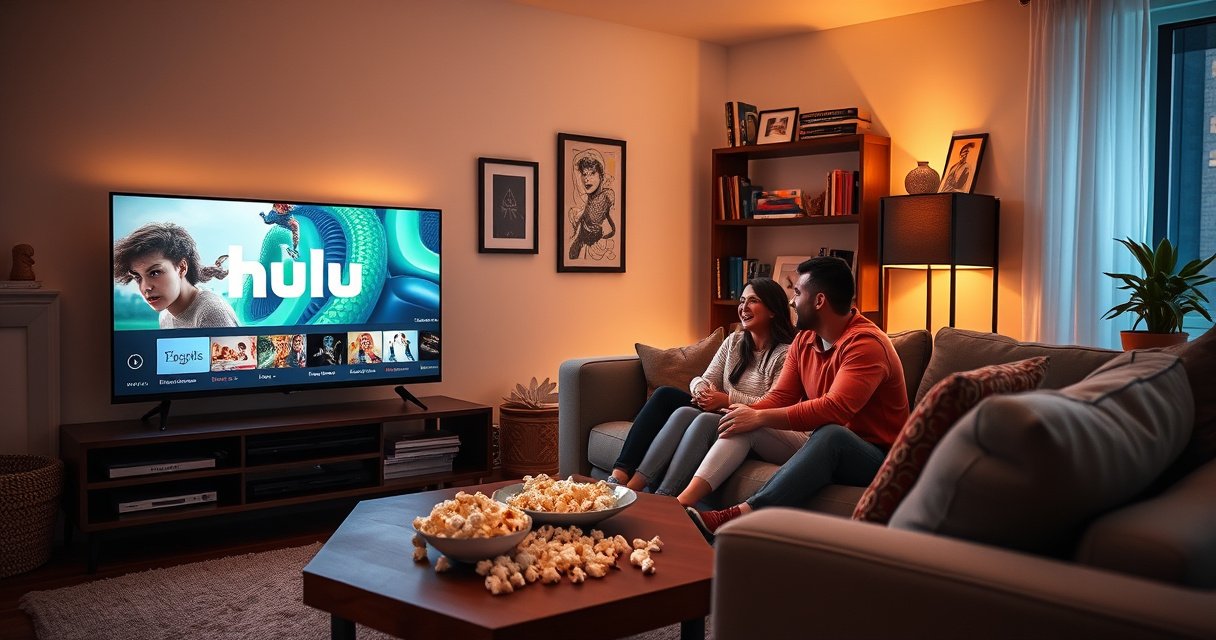 A cozy living room scene featuring a sleek smart TV displaying vibrant Hulu graphics, a family gathered on a comfortable sectional sofa, popcorn scattered on the coffee table, soft glow from the screen illuminating their excited faces, warm ambient lighting, and a stylish bookshelf filled with entertainment memorabilia, creating an inviting atmosphere for streaming joy.