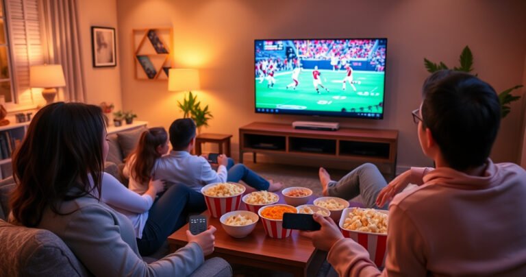 A cozy living room with a modern smart TV displaying vibrant live sports, a family gathered on a plush sofa, colorful popcorn bowls on a coffee table, warm ambient lighting, and a sleek remote in hand, showcasing an inviting atmosphere of entertainment and connectivity.