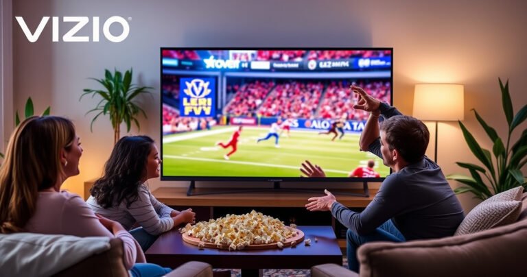 A modern Vizio Smart TV displaying a vibrant scene of a family gathered in a cozy living room, enjoying live TV together. Soft lighting illuminates their smiles, popcorn is scattered on the table, and the screen shows a colorful sports game. Surrounding decor includes plants and stylish furniture, creating a warm, inviting atmosphere.