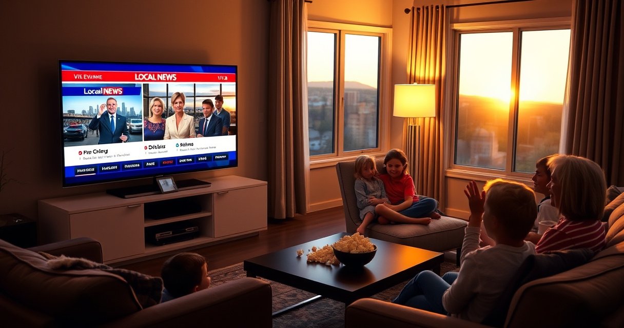 A cozy living room with a sleek Vizio Smart TV displaying vibrant local news graphics, a family gathered on a comfortable couch, popcorn on the coffee table, a warm glow from a nearby lamp, and a window showing a sunset outside, creating an inviting atmosphere perfect for evening news watching.