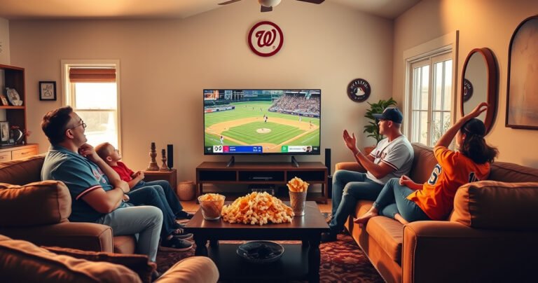 A cozy living room scene with a large smart TV displaying a vibrant MLB game, surrounded by plush sofas, snacks like popcorn and nachos on a coffee table, family members wearing team jerseys cheering excitedly, warm lighting creating an inviting atmosphere, baseball memorabilia adorning the walls, and a window showing a sunny day outside.