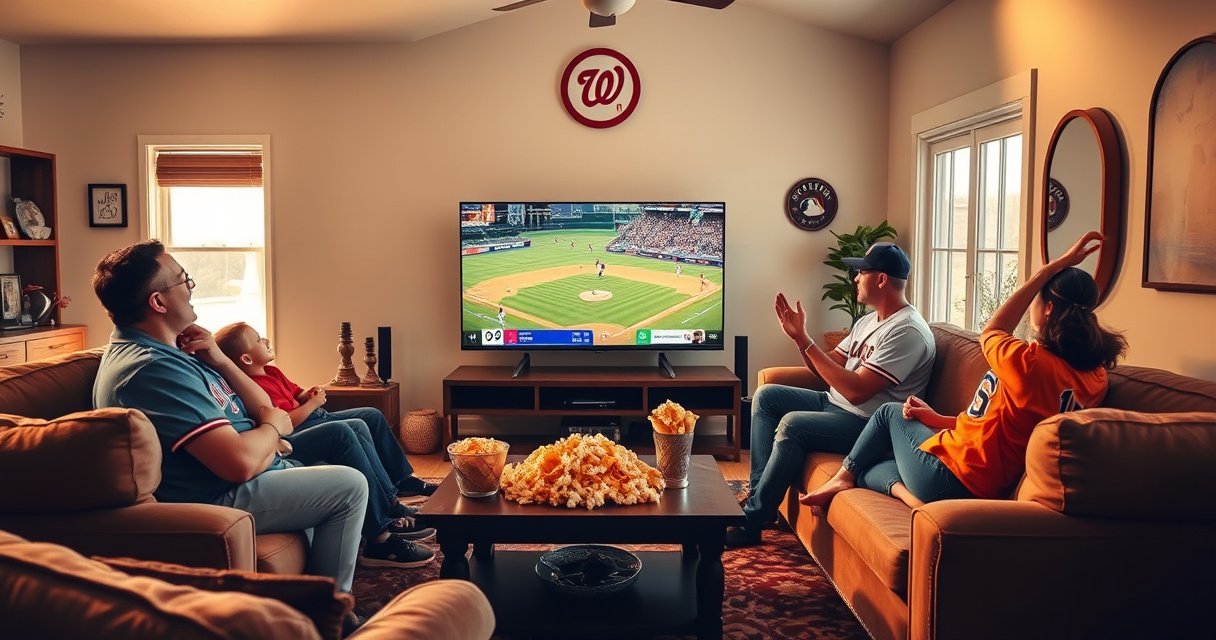 A cozy living room scene with a large smart TV displaying a vibrant MLB game, surrounded by plush sofas, snacks like popcorn and nachos on a coffee table, family members wearing team jerseys cheering excitedly, warm lighting creating an inviting atmosphere, baseball memorabilia adorning the walls, and a window showing a sunny day outside.